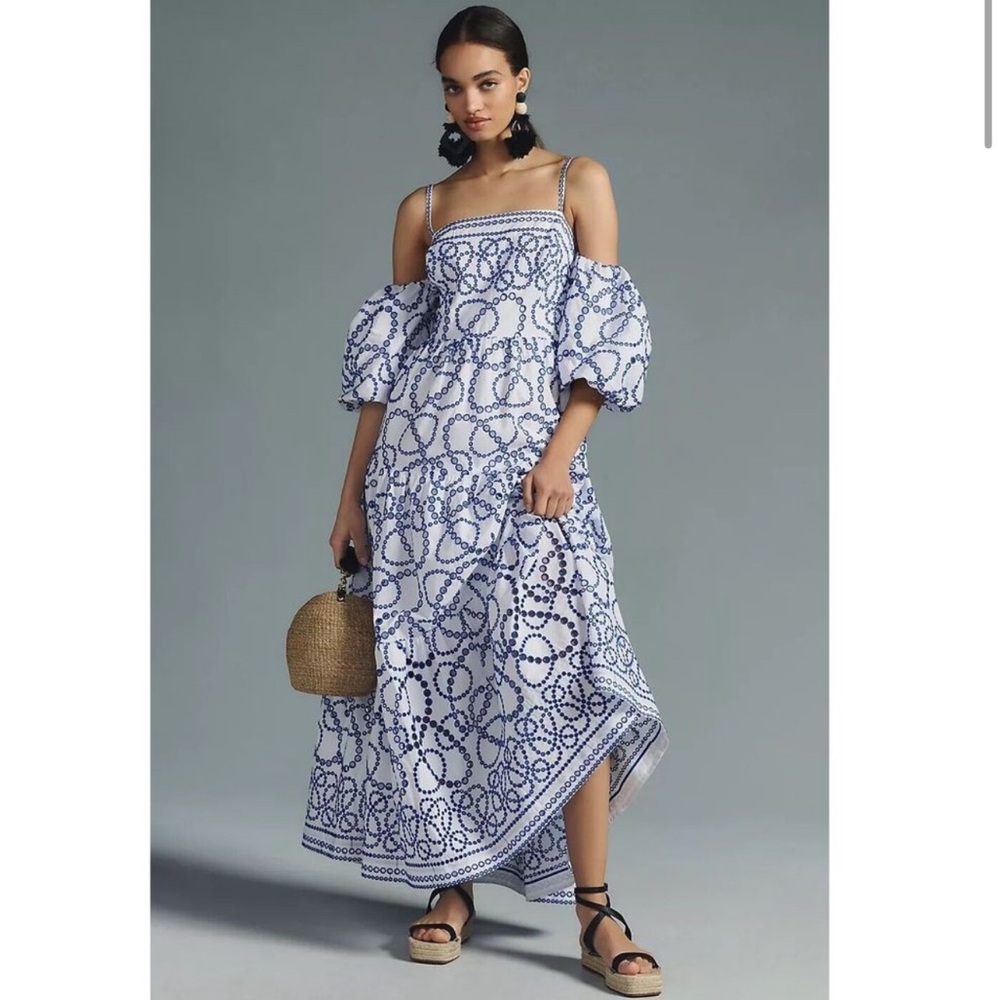 Anthropologie Puff Sleeve Eyelet‎ Dress White/Blue